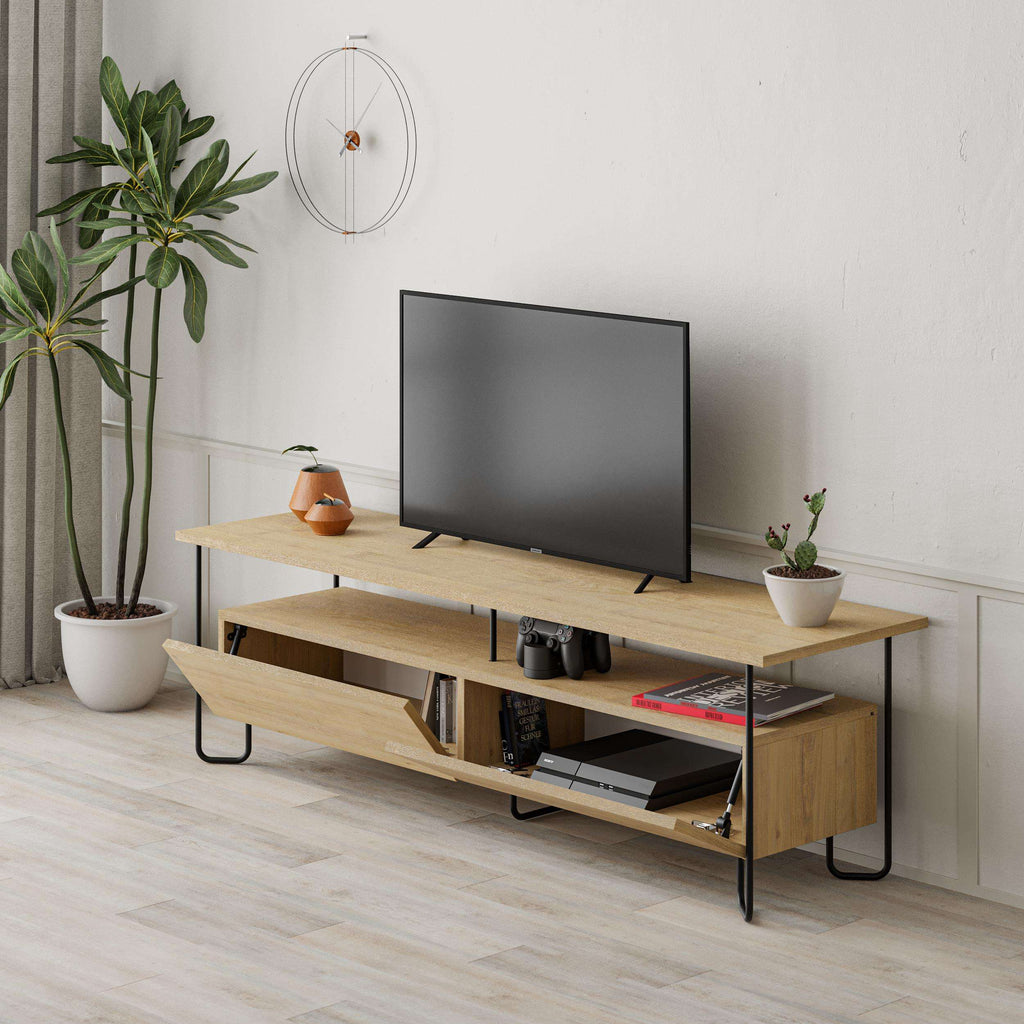 Oak TV console with open media bays, drawers, and black metal-style legs