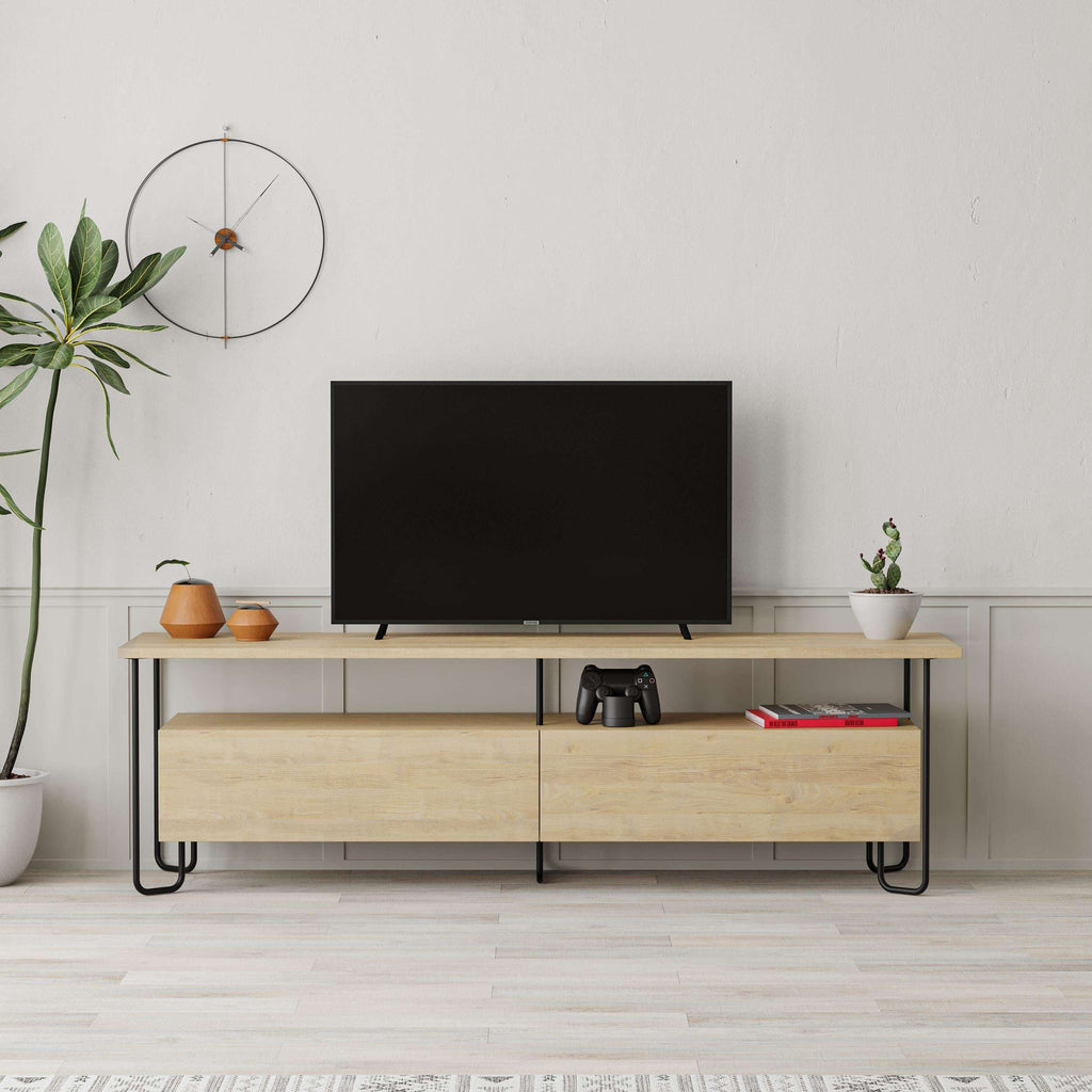 Light mocha TV cabinet with central open shelf and two closed storage doors