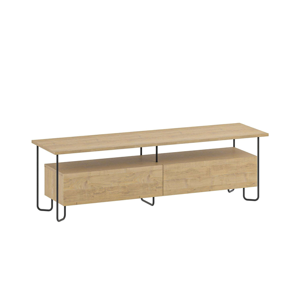Oak modern TV unit with two cabinet doors, open center shelf, and black legs