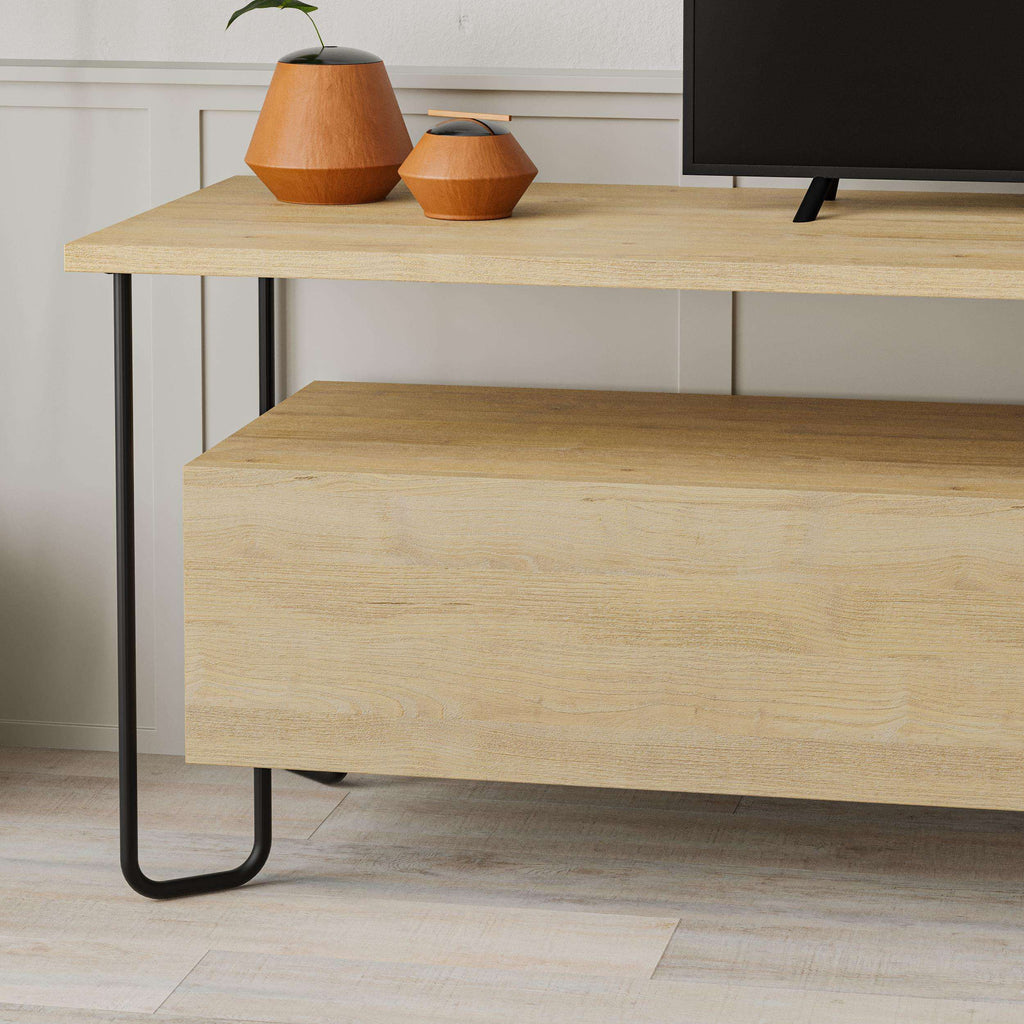 Light mocha TV unit front with open center shelf and black metal-style legs