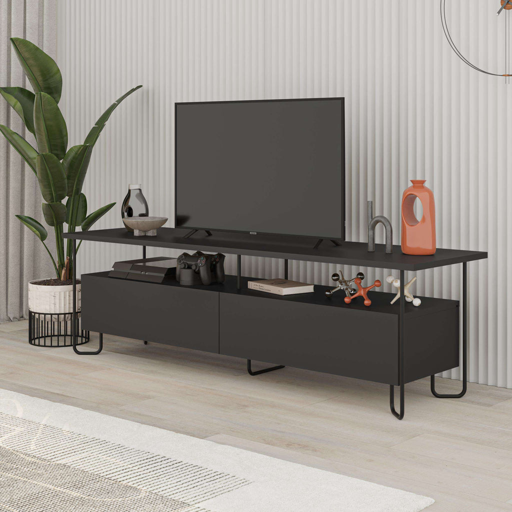 Modern TV unit with storage cabinet, dark finish, open center shelf and two doors