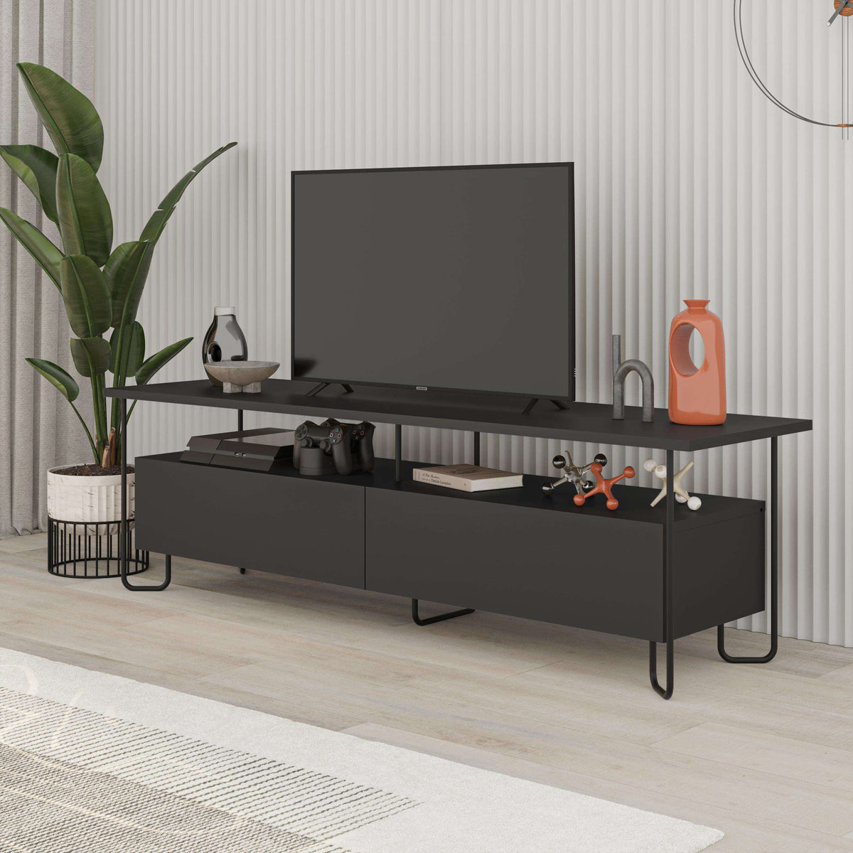 Modern TV unit with storage cabinet, dark finish, open center shelf and two doors