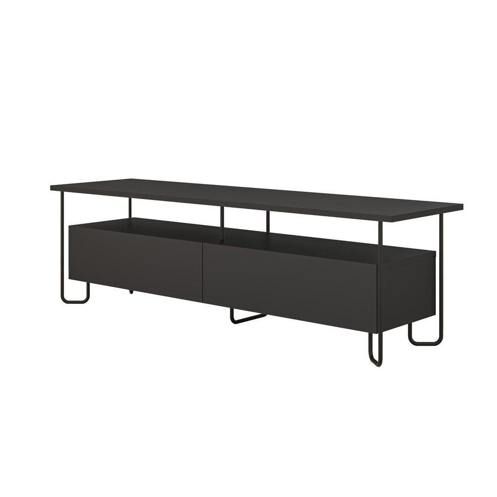 Modern TV unit with storage cabinet, flat top, two lower doors and open shelf