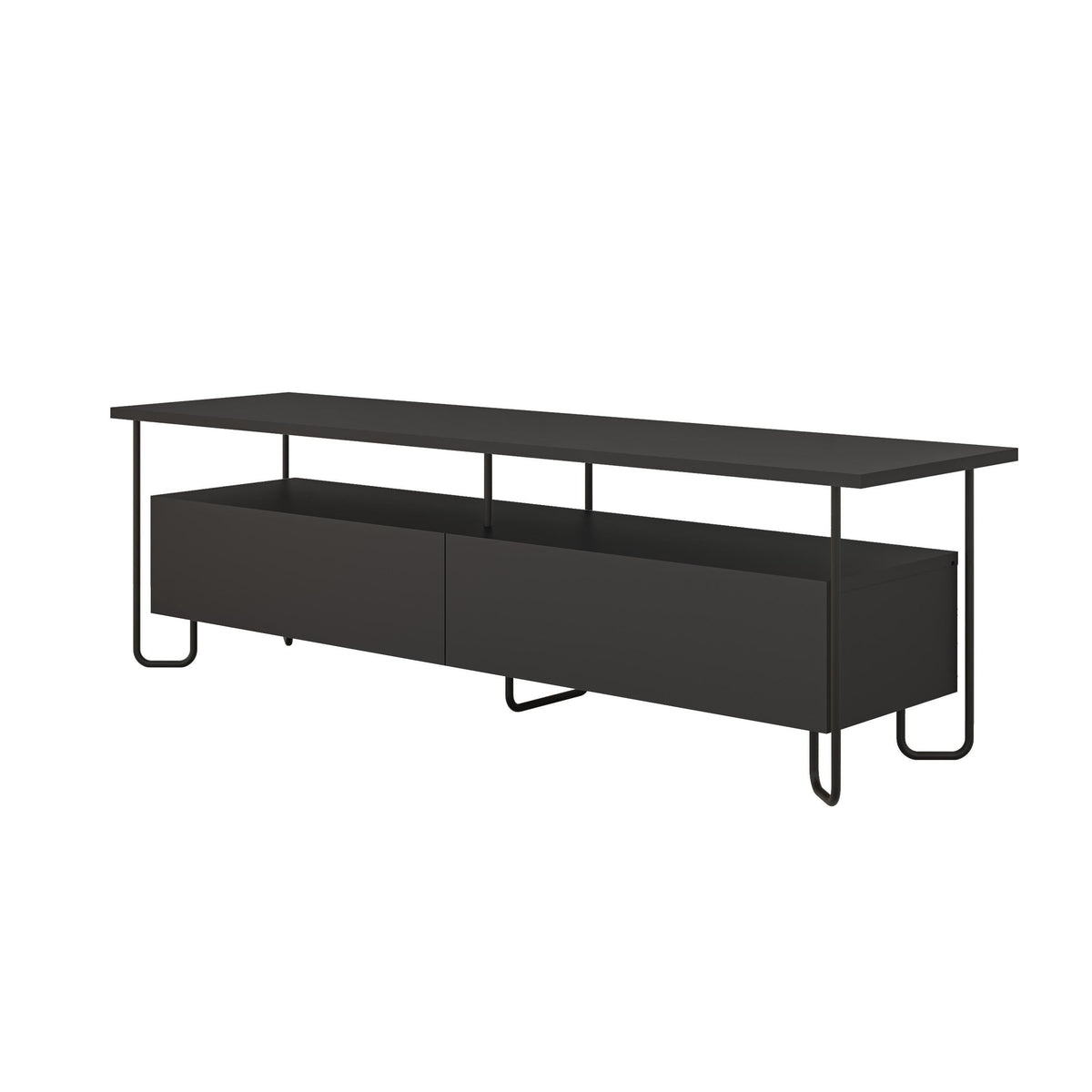 Modern TV unit with storage cabinet, flat top, two lower doors and open shelf