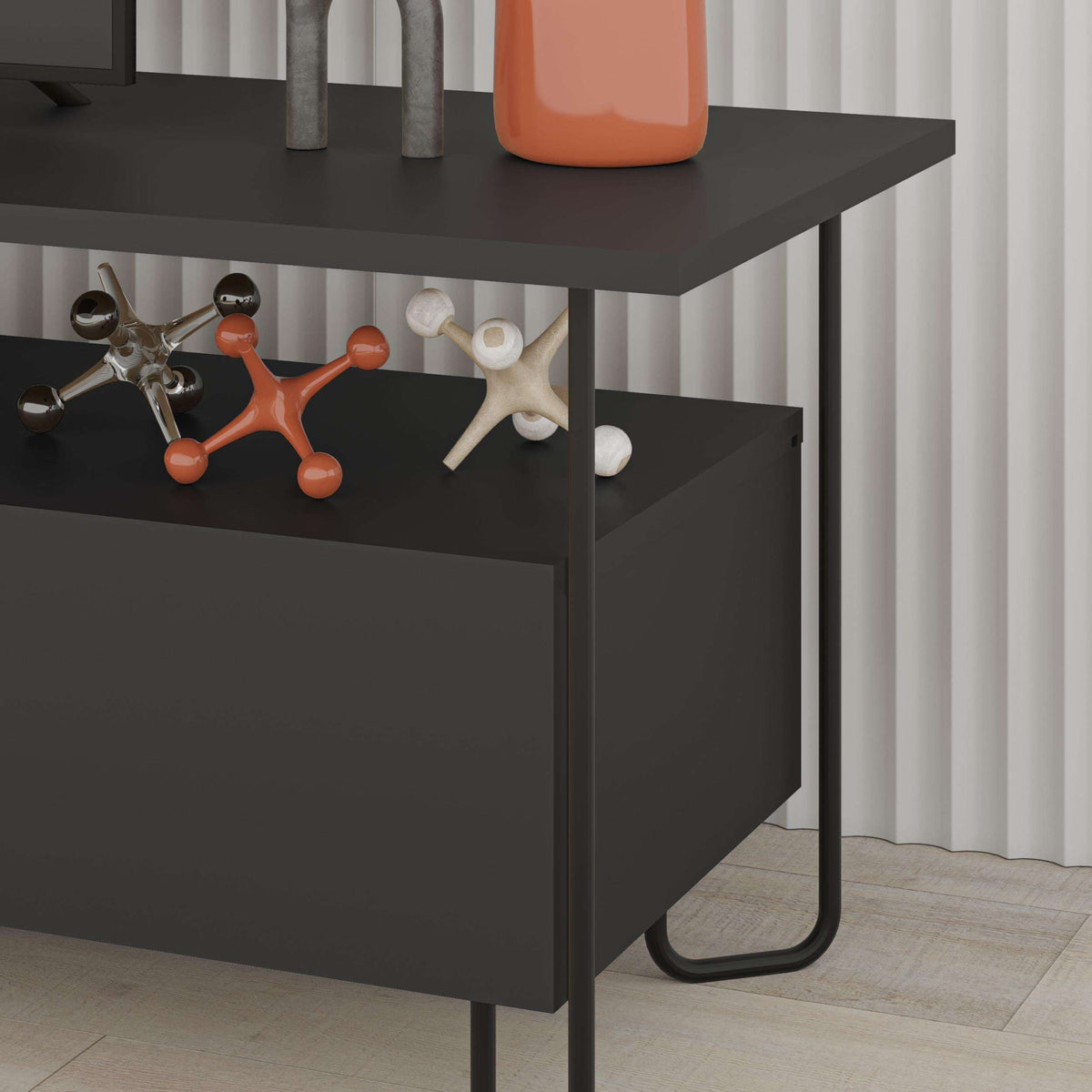 Modern TV unit side view, dark cabinet with open cubby and metal legs