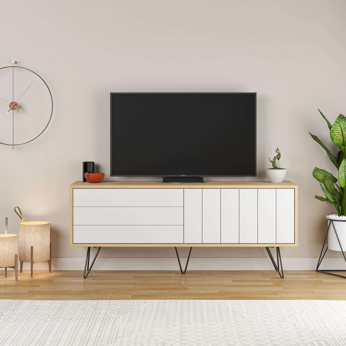 Modern TV stand with storage cabinet, white cabinet and dark TV screen