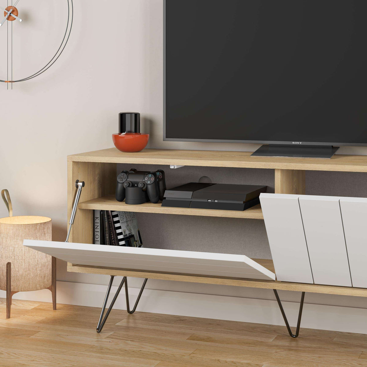 Modern TV stand with open shelves, light wood frame and white storage doors