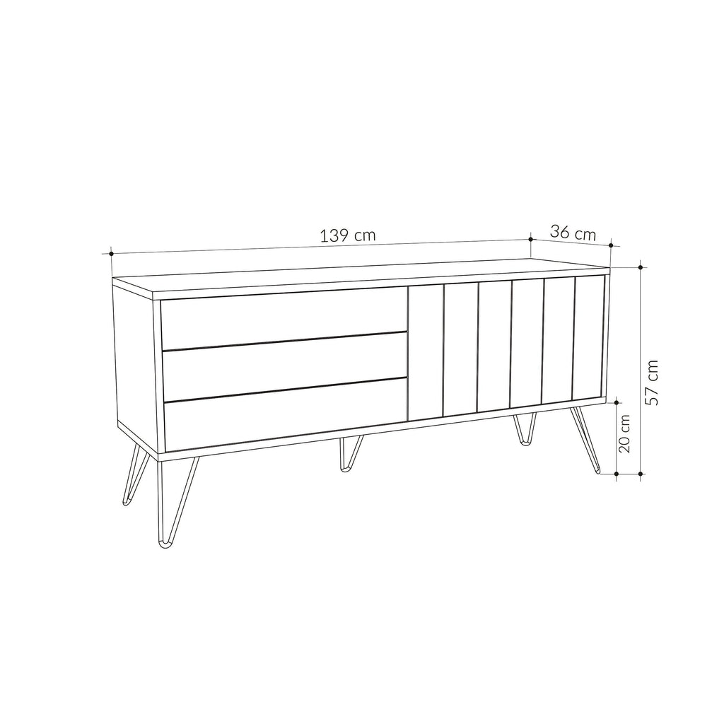 TV stand design with dimensions, light wood frame and white storage panels