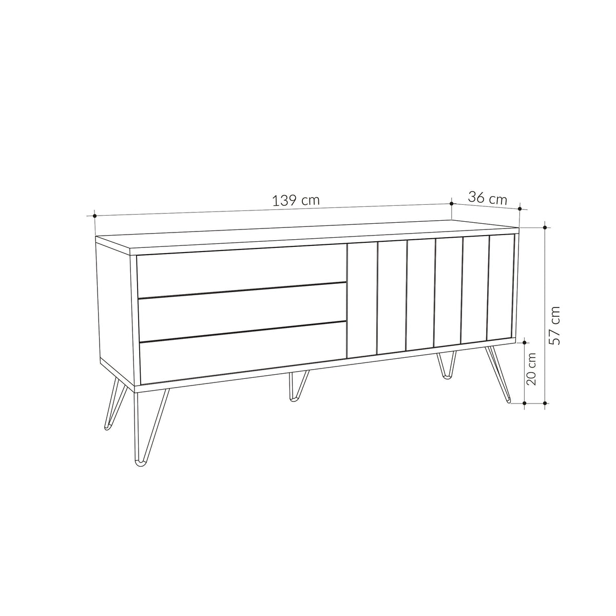 TV stand design with dimensions, light wood frame and white storage panels