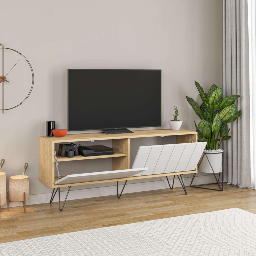 Modern TV stand with open shelving, light wood frame and white cabinet doors