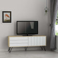 Modern TV stand with side storage doors, light wood frame and white panels