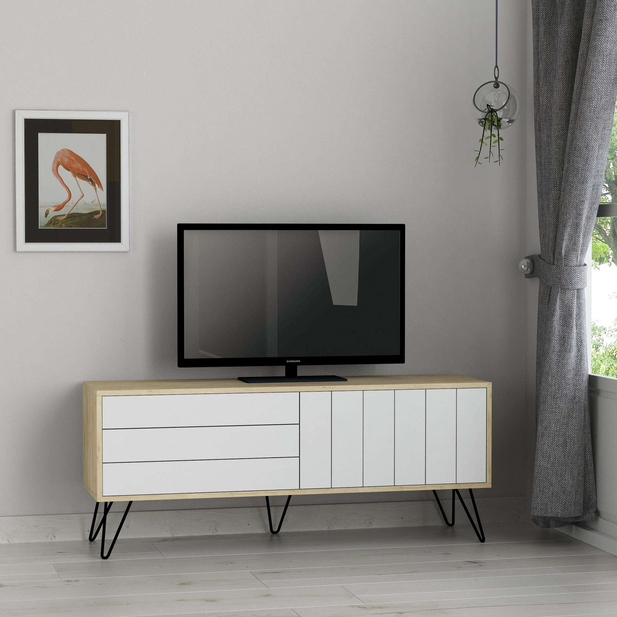 Modern TV stand with side storage doors, light wood frame and white panels