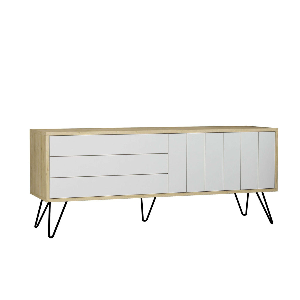 Modern TV stand with storage doors, light wood frame and white drawer fronts