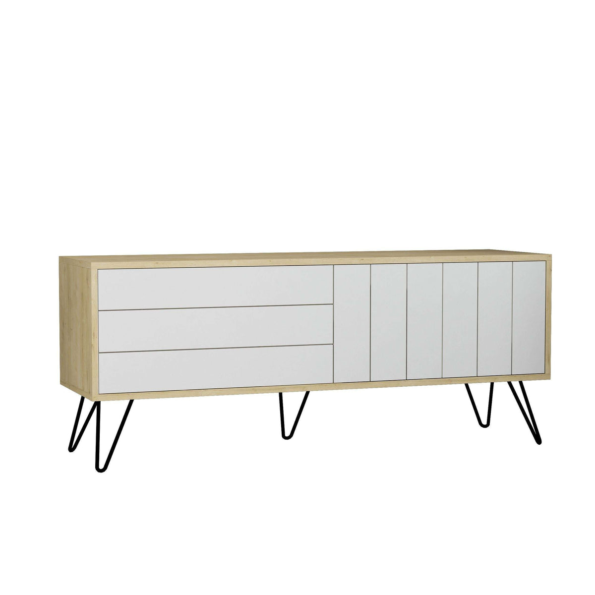 Modern TV stand with storage doors, light wood frame and white drawer fronts