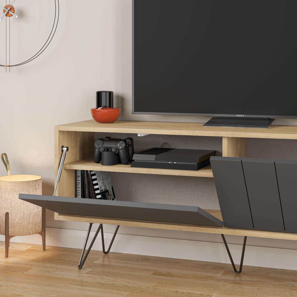 Modern TV stand with storage, light oak unit and anthracite doors on angled black legs