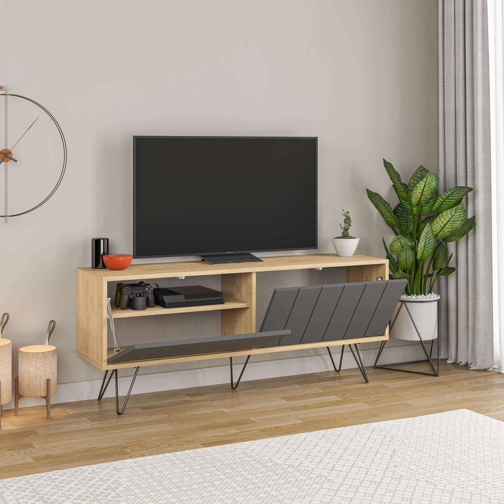 Modern TV stand with storage, light oak and anthracite doors, open shelf interior