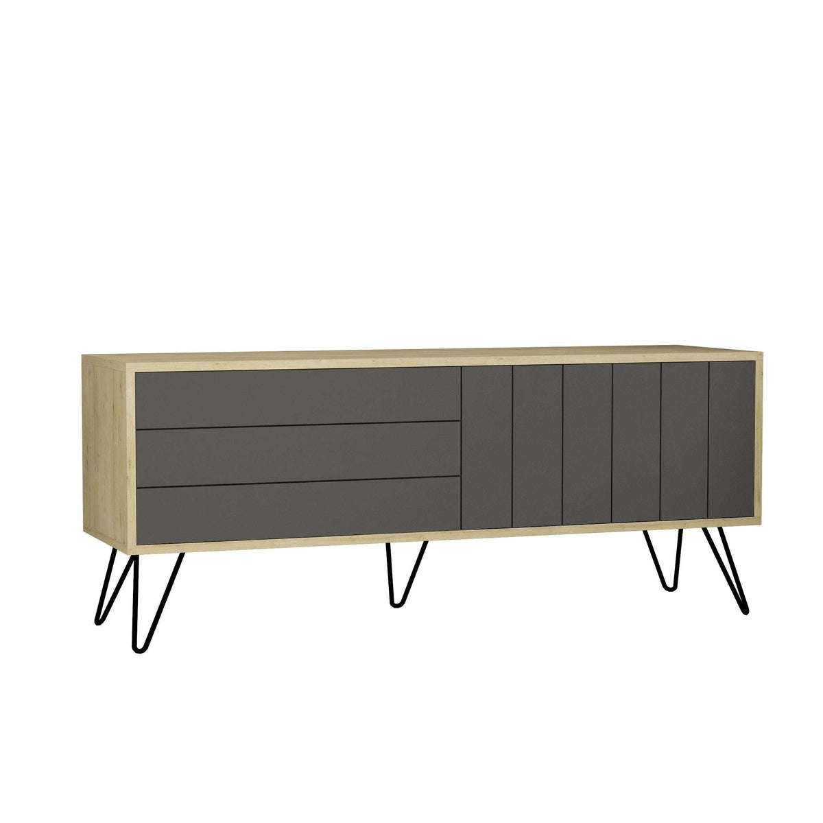 Modern TV stand with storage, light oak and anthracite side panels on black legs