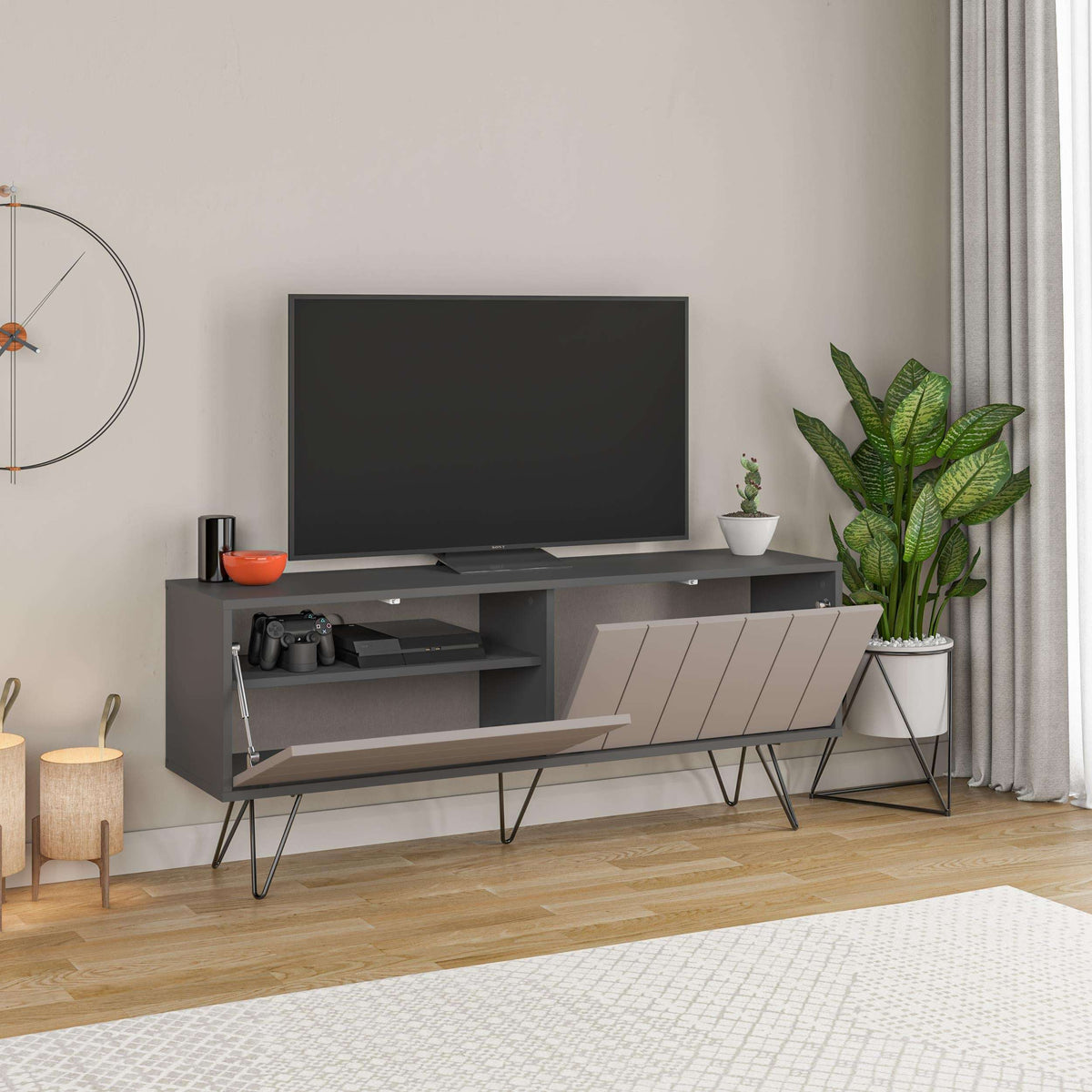 Modern TV stand with dark cabinet, open shelves, media drawer, and side cabinet doors
