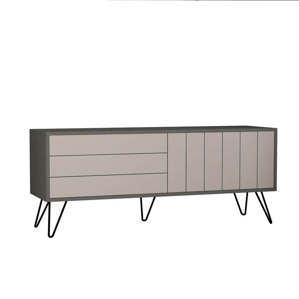 Modern TV stand with grey finish, two drawers, open media shelf, and cabinet doors