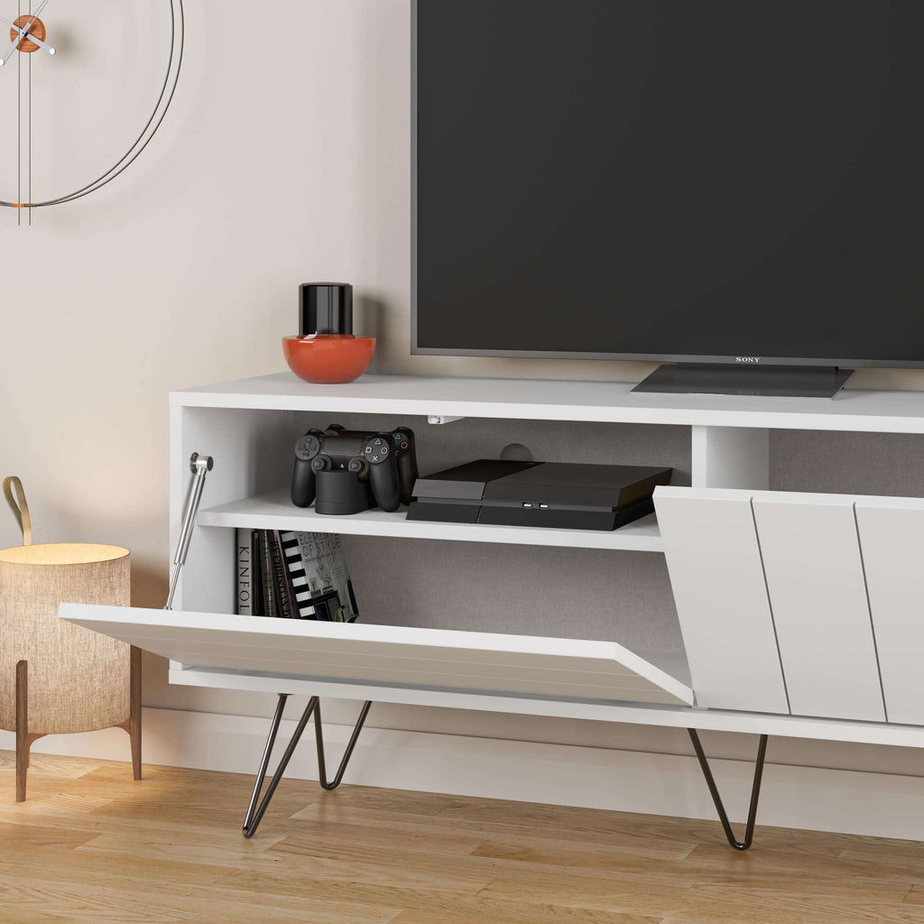 White TV stand with open cabinet compartments and slatted door section