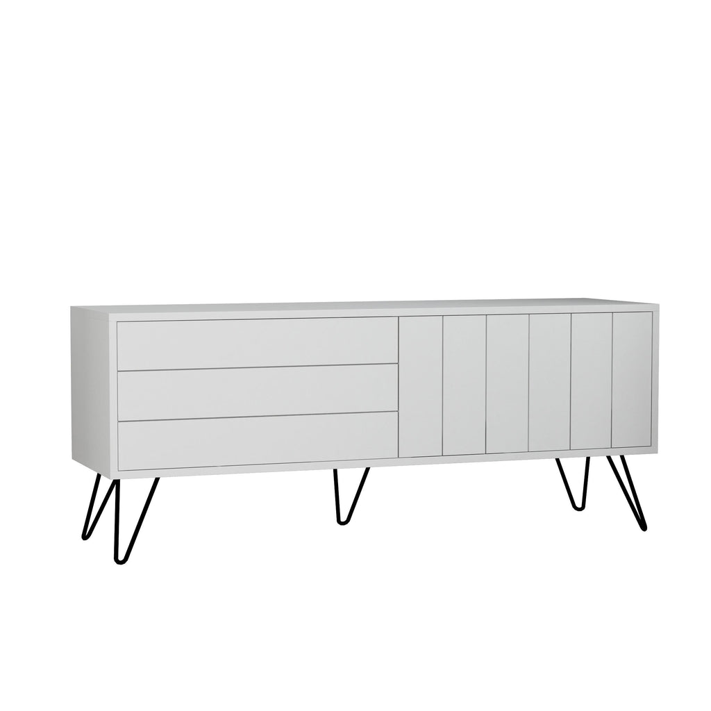 White low TV stand with long drawer and slatted cabinet doors, tapered black legs