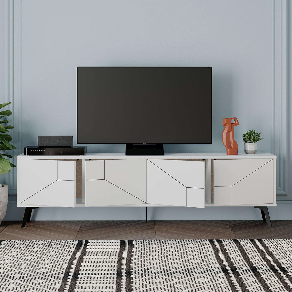 White modern TV stand with storage cabinet and four geometric drawer fronts