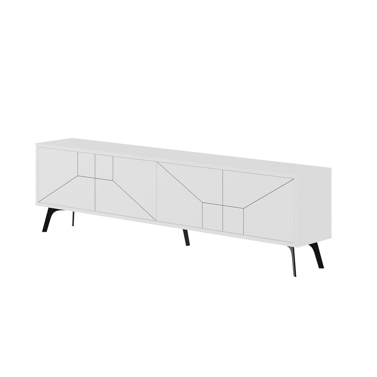 White TV stand with storage cabinets, geometric panel doors, and angled black legs.