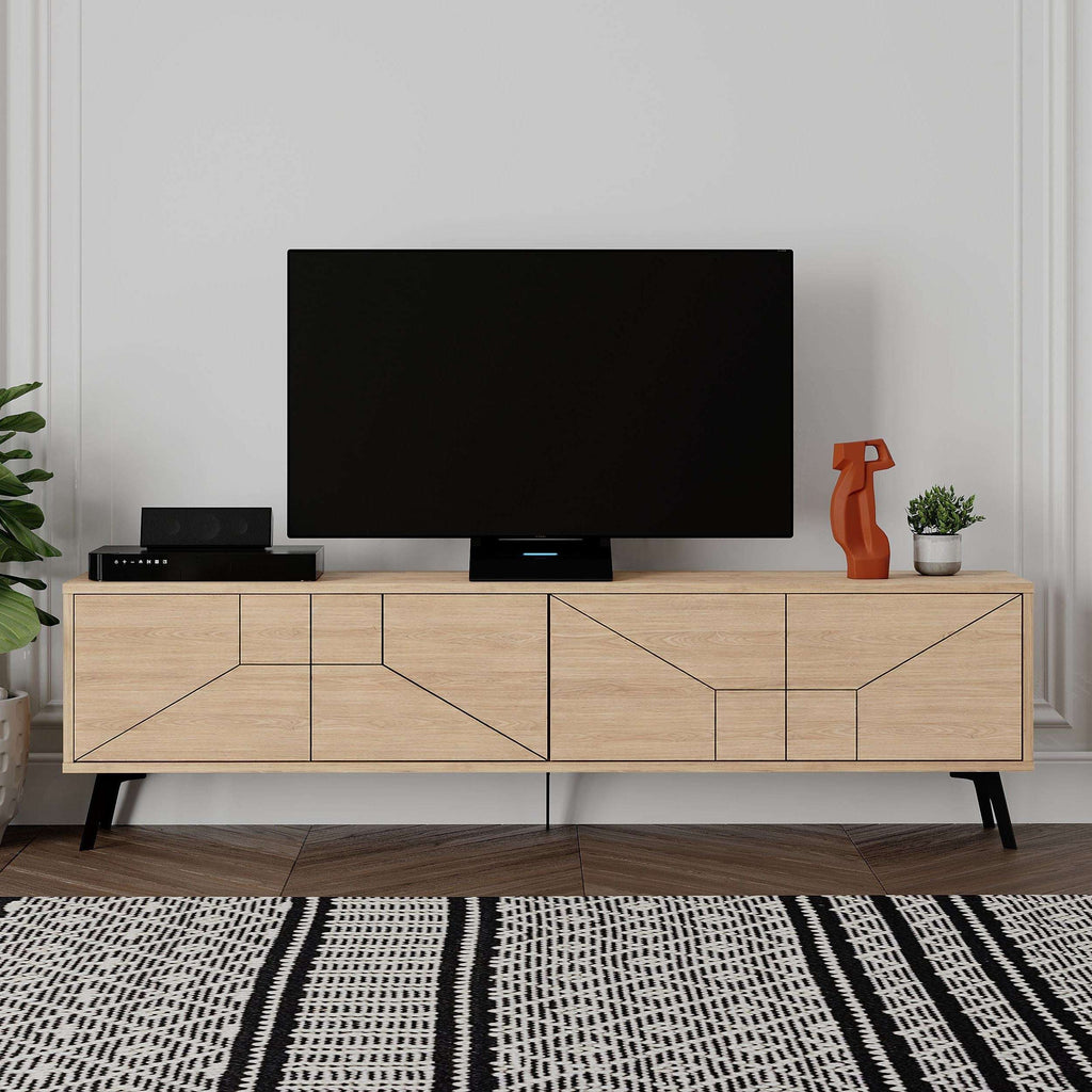 Oak TV stand with multiple cabinet compartments, geometric fronts, and black legs