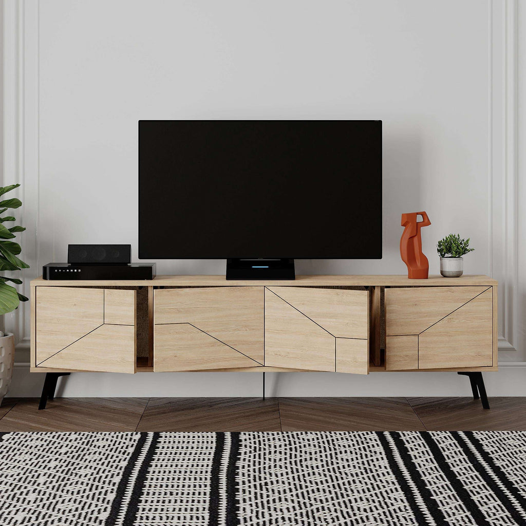 Oak media console with open center shelf, geometric cabinet doors, and black feet