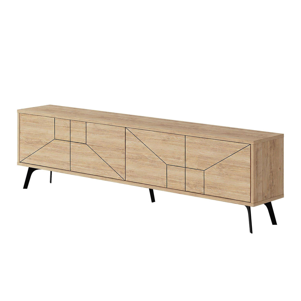 Modern TV stand with storage cabinet in oak finish, geometric panel doors and black legs