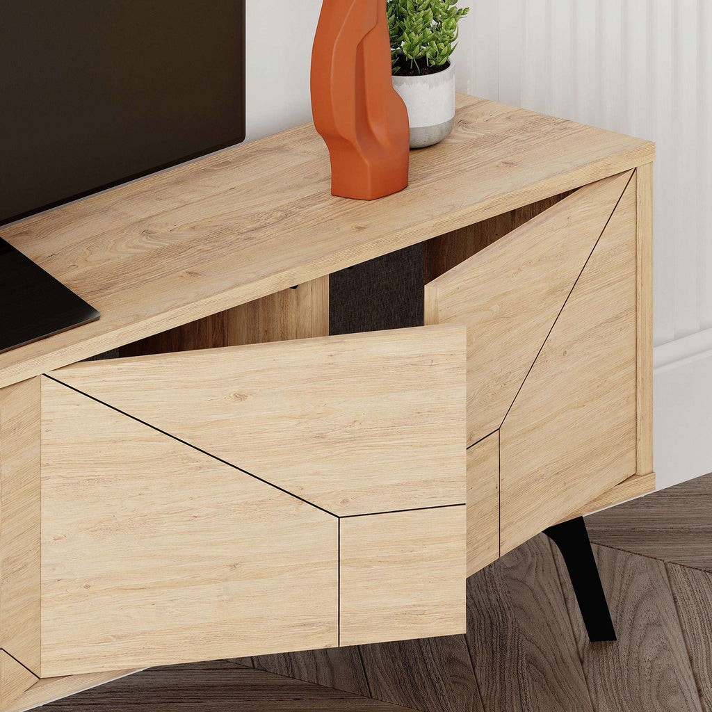Oak TV stand storage drawer front with geometric line detailing and black legs