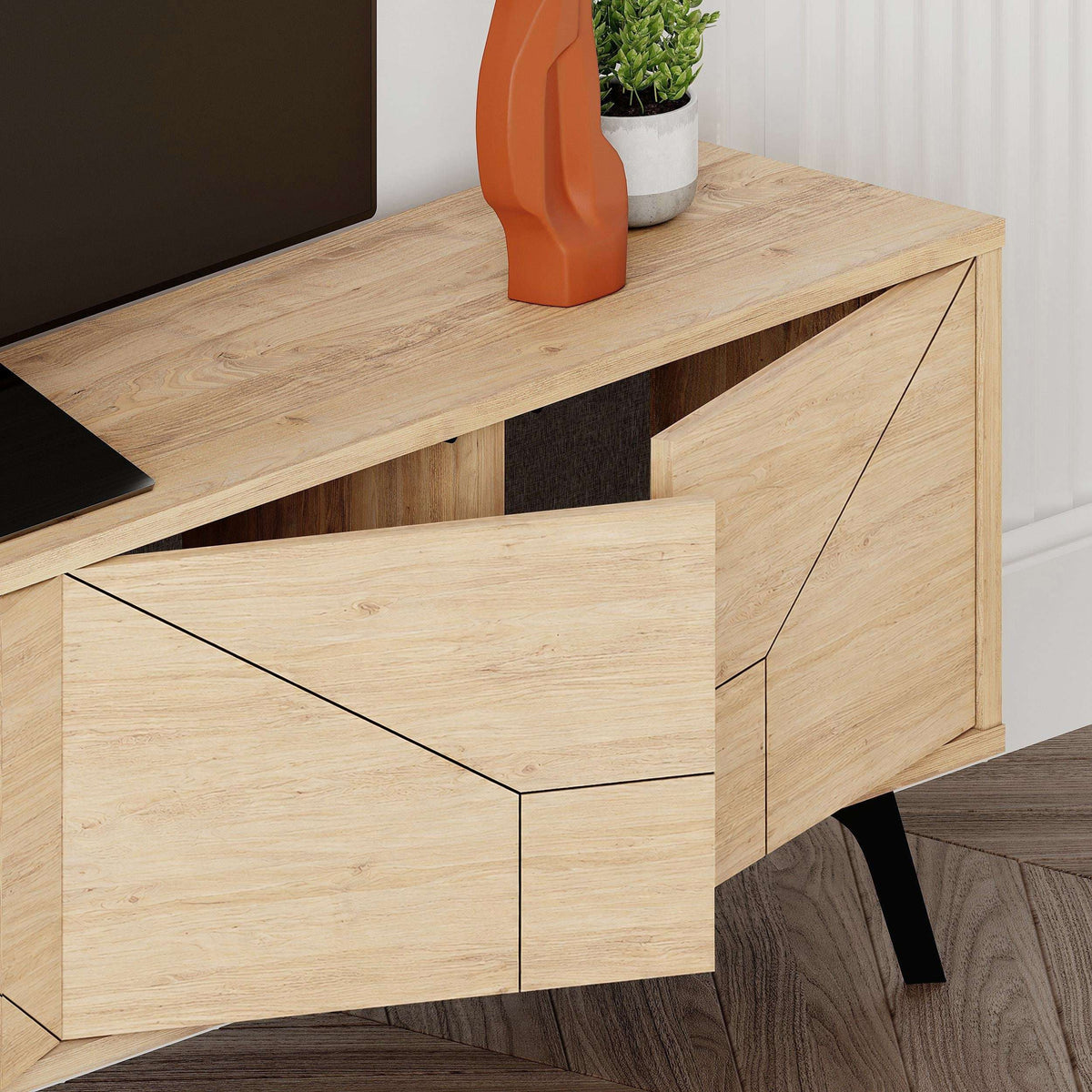 Oak TV stand storage drawer front with geometric line detailing and black legs