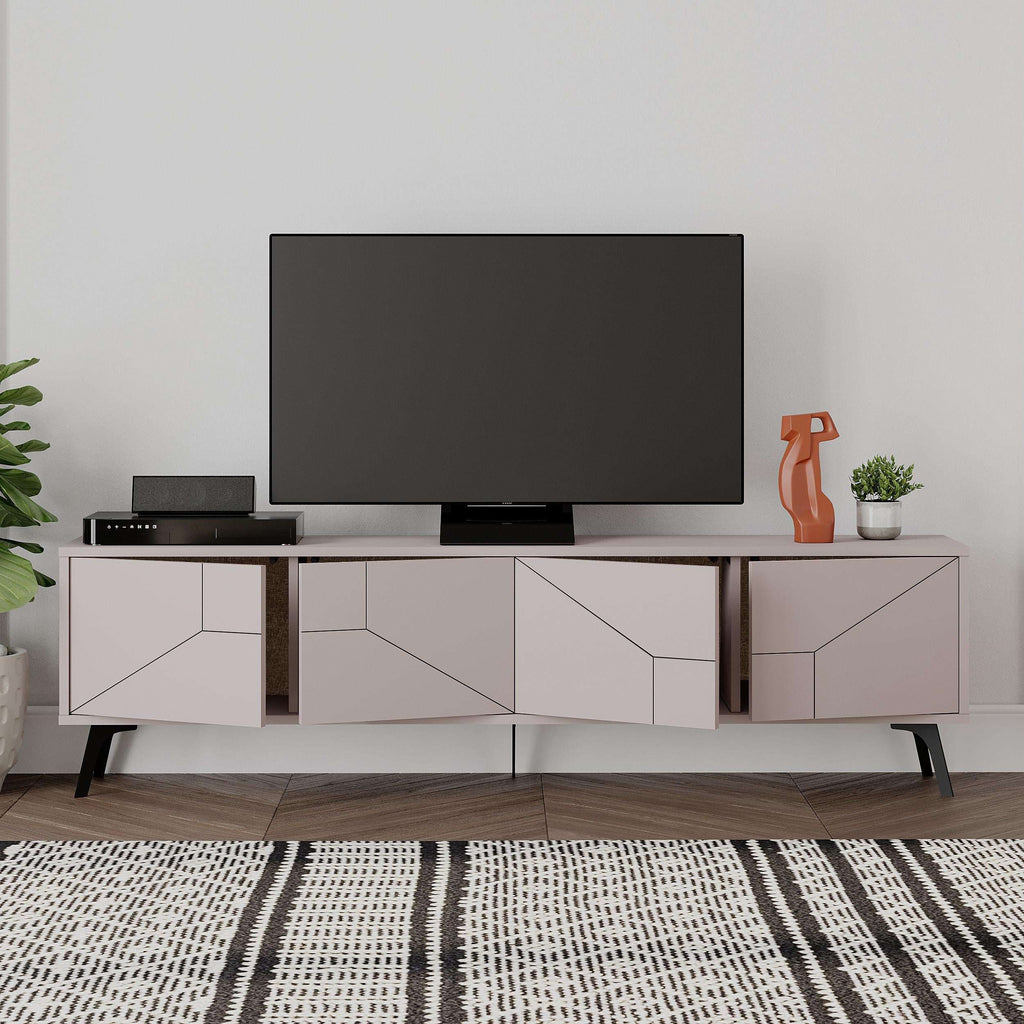 Light mocha TV stand with open center shelf, geometric cabinet doors, and black feet