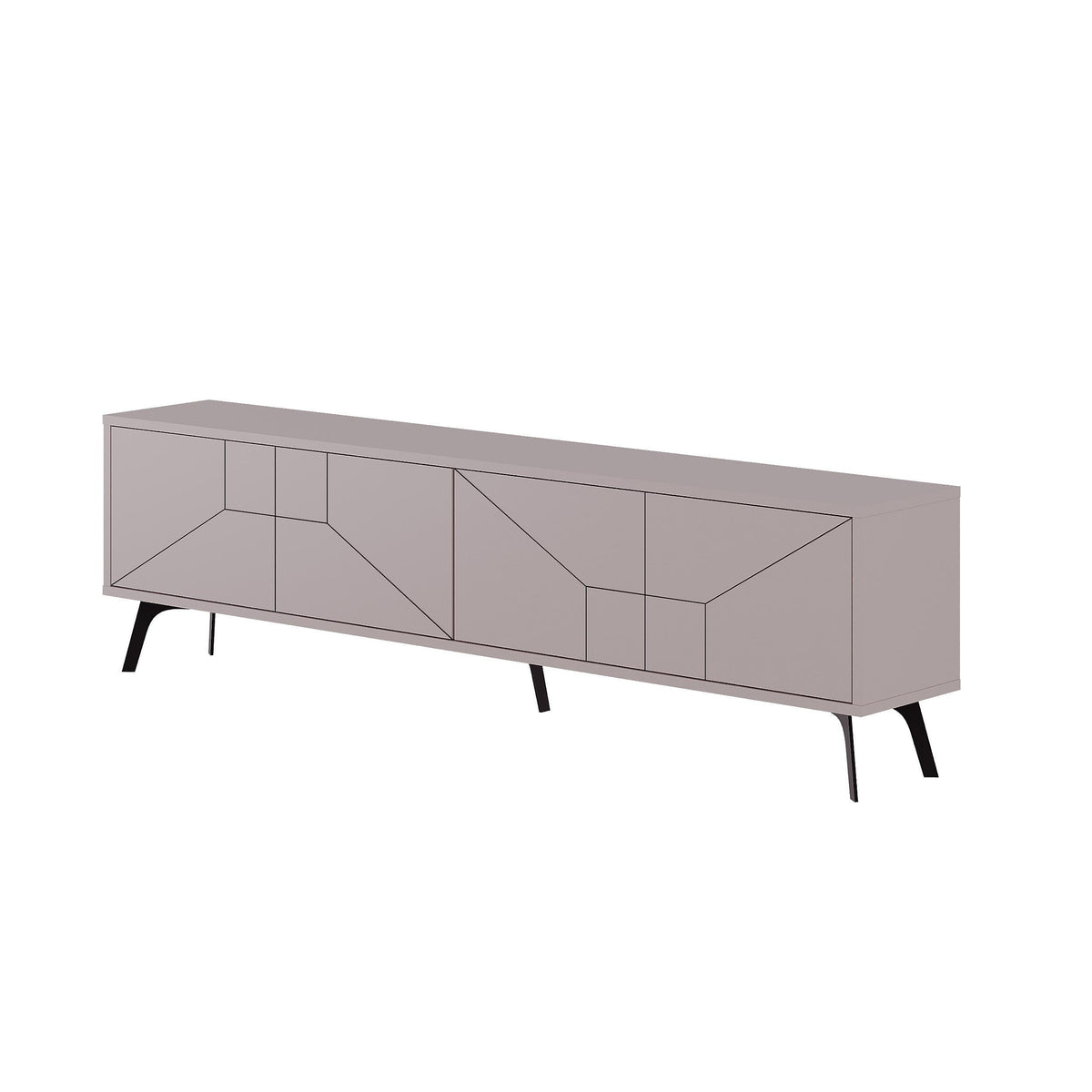 Modern TV stand with storage cabinet in gray finish, geometric fronts and black legs