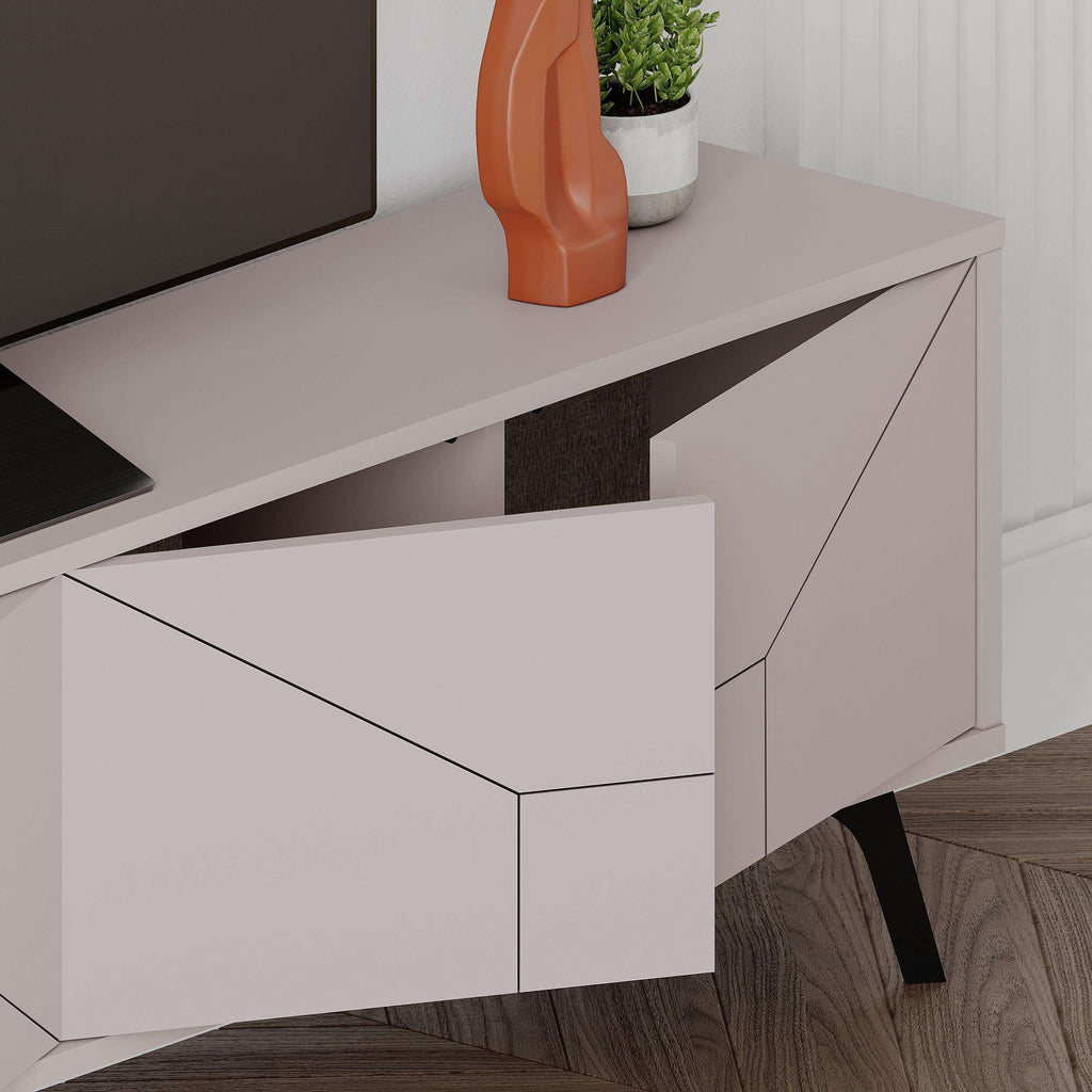 Light mocha TV stand drawer front with geometric line detailing and black legs