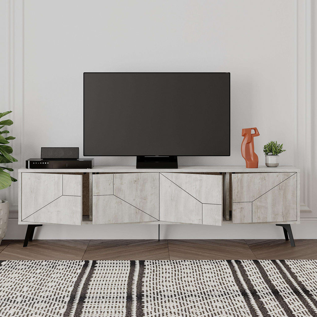 Anthracite grey modern TV stand with open media shelf and storage cabinets