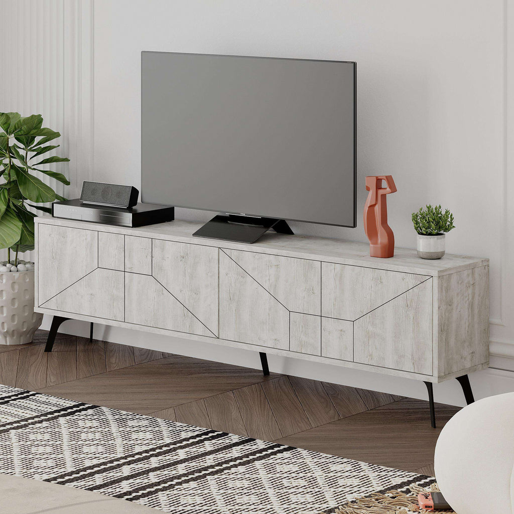 Ancient white modern TV stand with storage cabinet and geometric cabinet doors