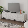 Ancient white modern TV stand with storage cabinet and geometric cabinet doors