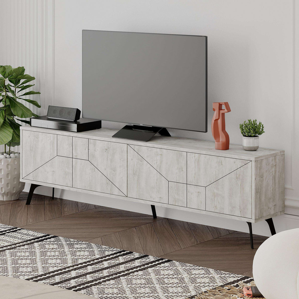 Ancient white modern TV stand with storage cabinet and geometric cabinet doors