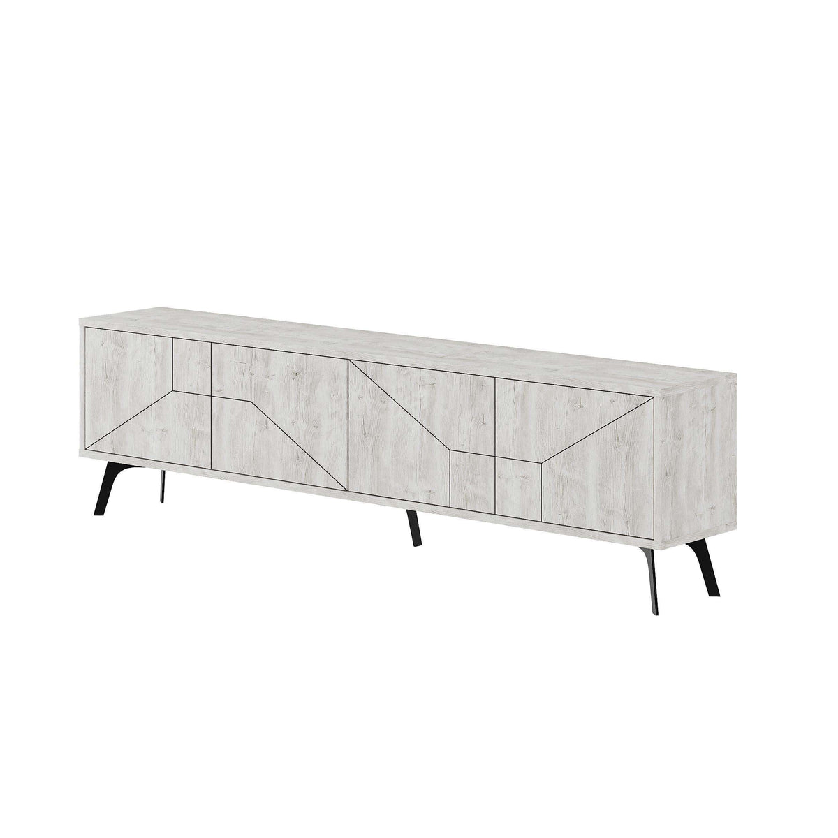 Ancient white TV stand with long cabinet storage, angled panel doors, and slim legs