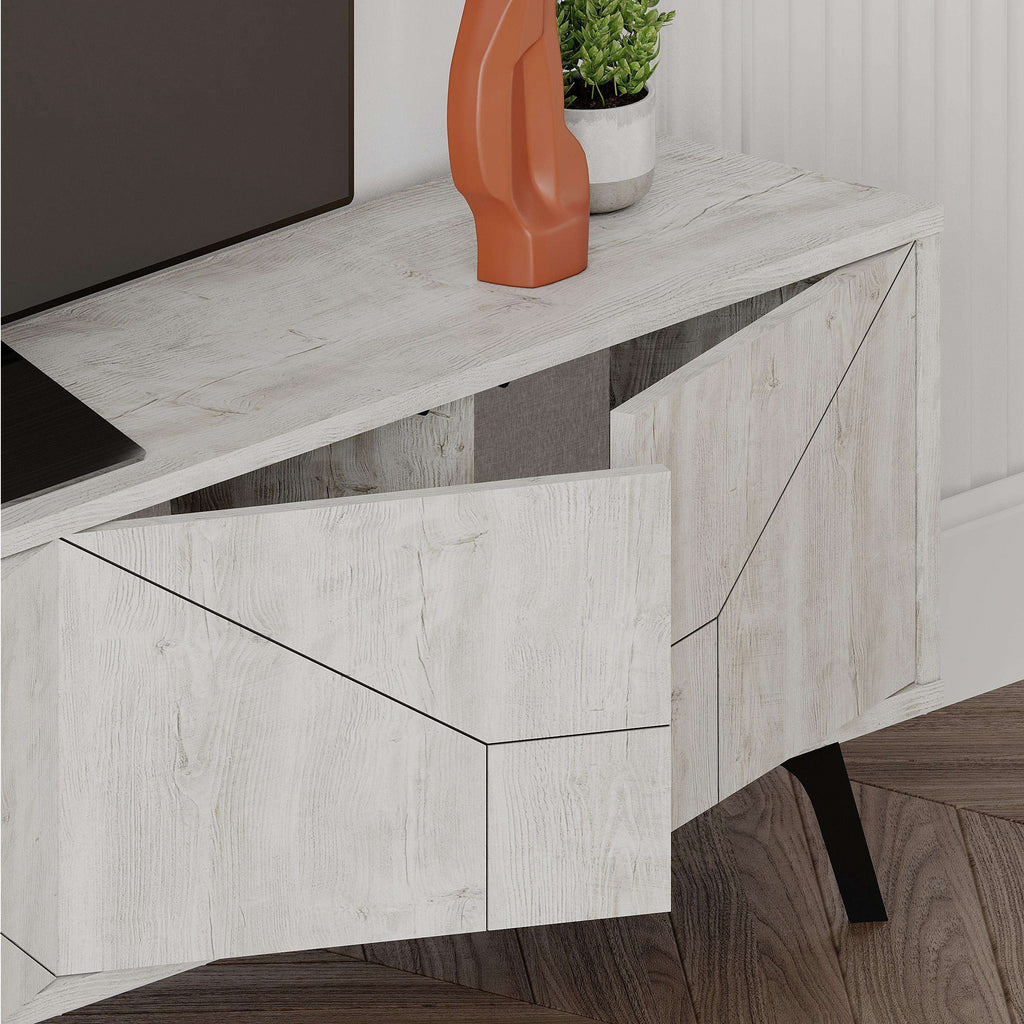 Ancient white TV stand storage cabinet with geometric panel door detail and black feet