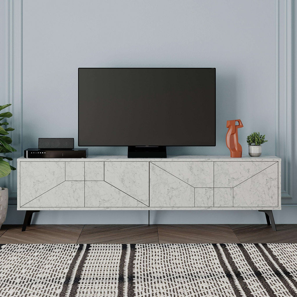 Modern TV stand with storage cabinet, white Carrara marble-look console with angled doors