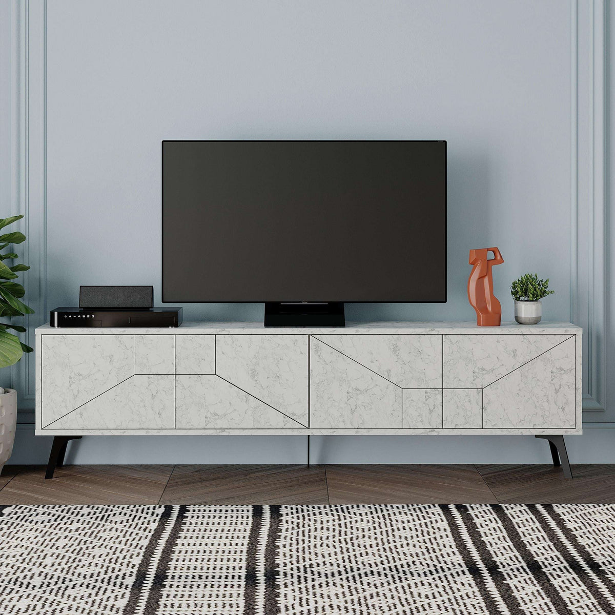 Modern TV stand with storage cabinet, white Carrara marble-look console with angled doors