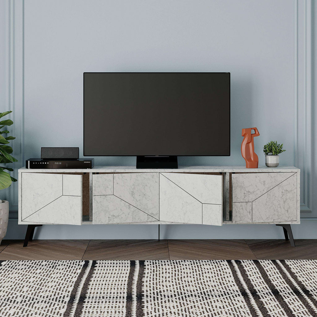 Modern TV stand with storage, white Carrara marble-look finish and open center shelf