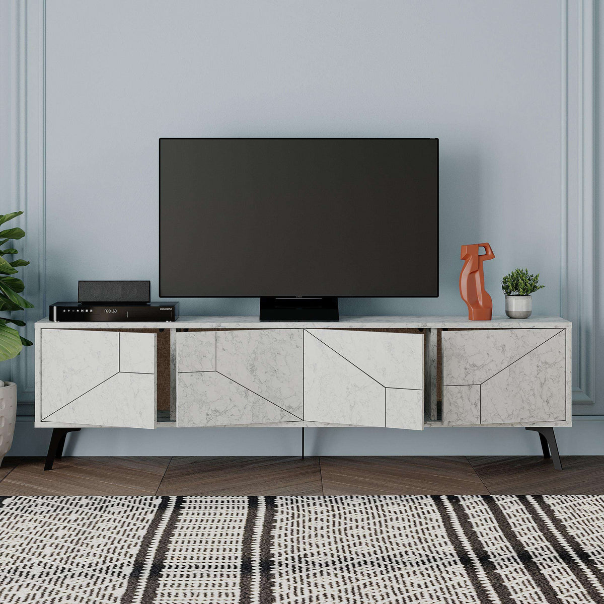 Modern TV stand with storage, white Carrara marble-look finish and open center shelf