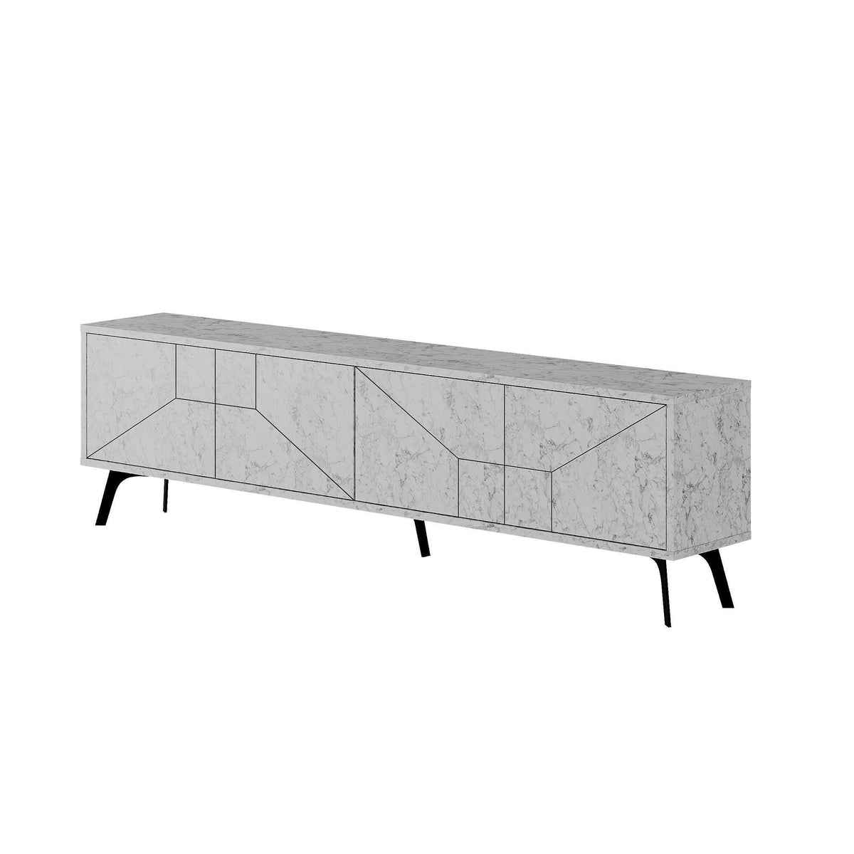White Carrara marble-look TV stand with storage cabinets and angled door panels
