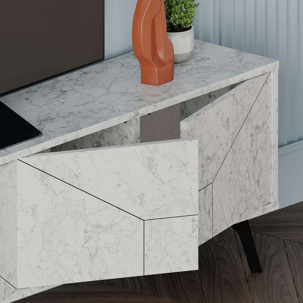 Carrara marble-look TV stand drawer fronts and cabinet door with geometric panel lines