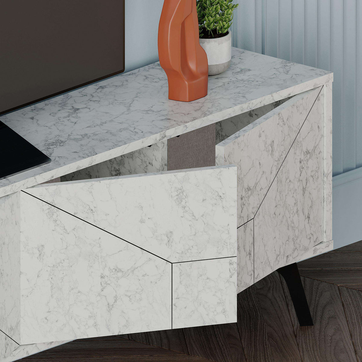 Carrara marble-look TV stand drawer fronts and cabinet door with geometric panel lines