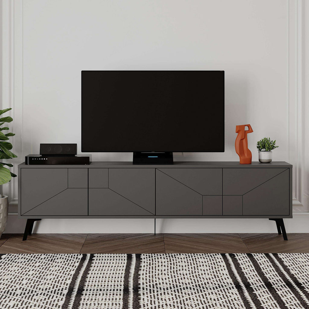 Modern TV stand with storage, anthracite grey cabinet doors, open media shelves