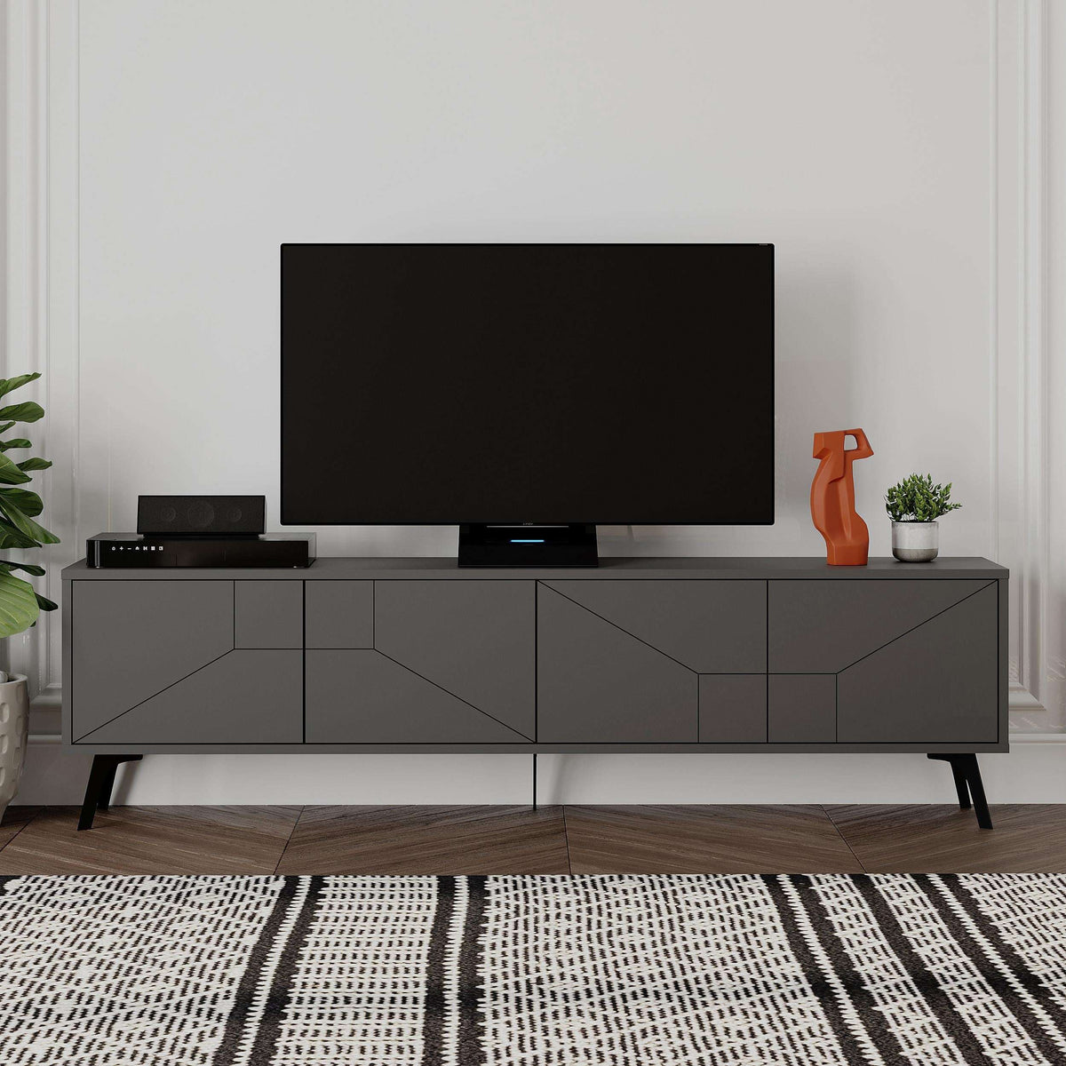 Modern TV stand with storage, anthracite grey cabinet doors, open media shelves